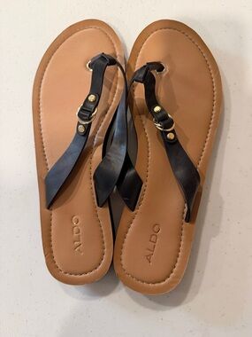 ALDO Tan Footbed with Black Strap Leather Slide Sandals